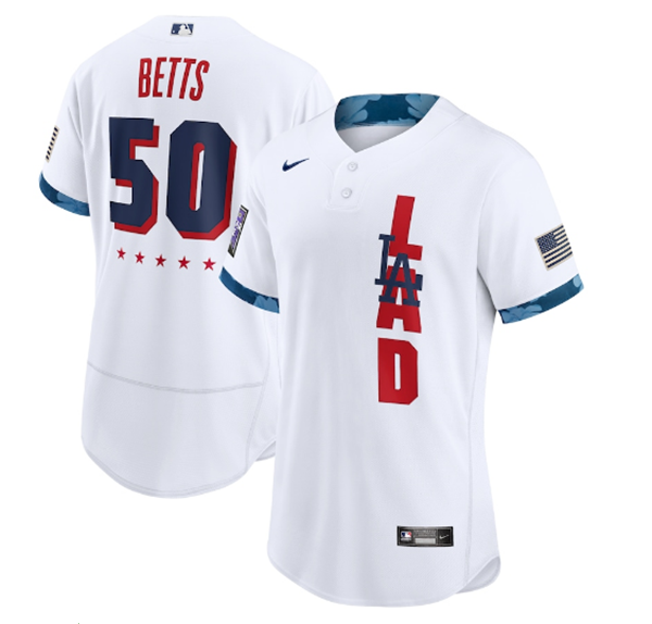 Men's Los Angeles Dodgers #50 Mookie Betts 2021 White All-Star Flex Base Stitched Baseball Jersey